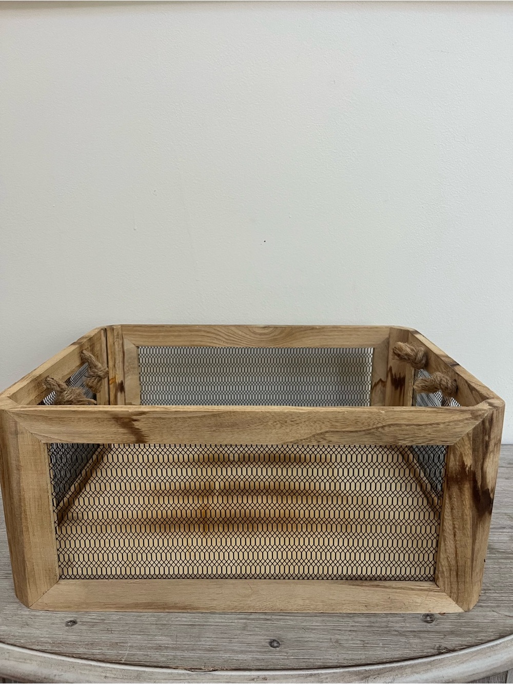 Natural Wood and Mesh Storage Crate - Rustic Brown